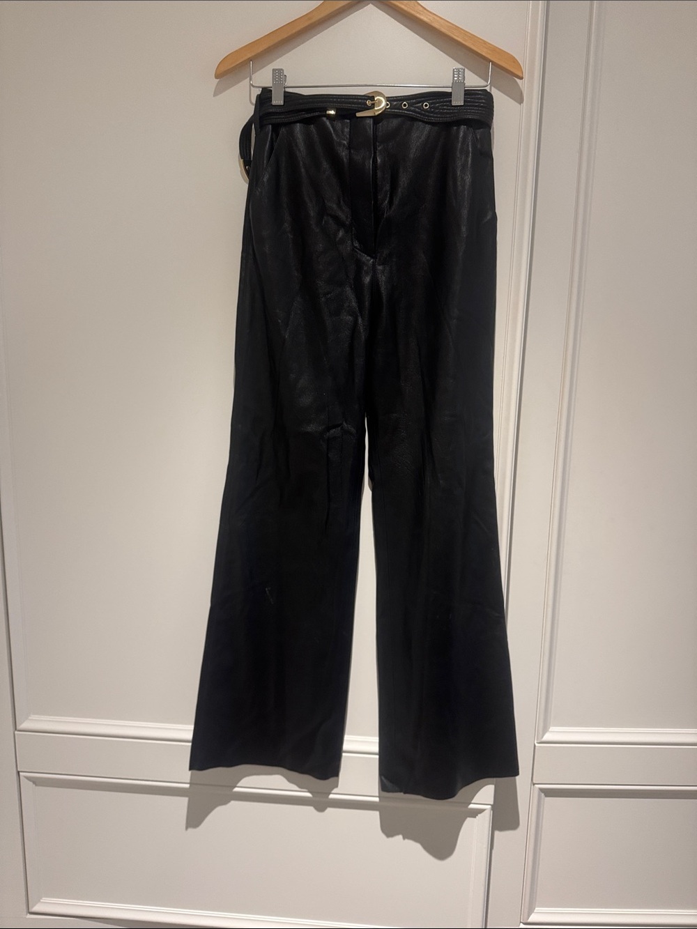 Nanushka Black Faux Leather Wide-Leg Pants with Belt